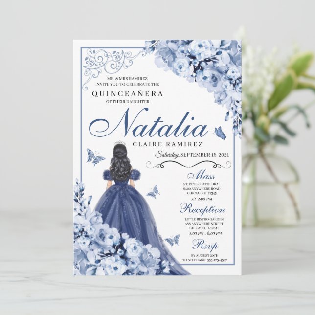 Navy Blue Princess & Butterflies Tiara Quinceañera Invitation (Standing Front)