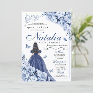 Navy Blue Princess & Butterflies Tiara Quinceañera Invitation