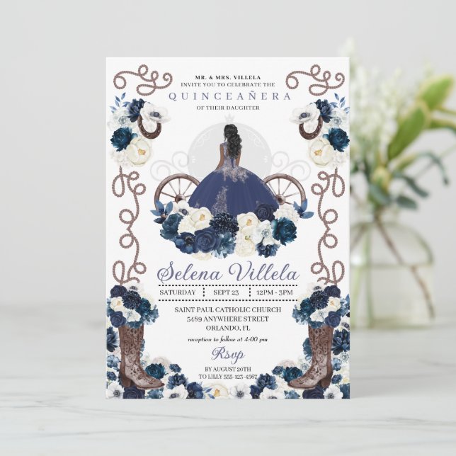 Navy Blue Princess Dress & Boots Quinceañera Invitation (Standing Front)