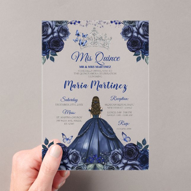 Navy Blue Princess Floral Silver Crown Mis Quince Acrylic Invitations (Insitu (Handheld))