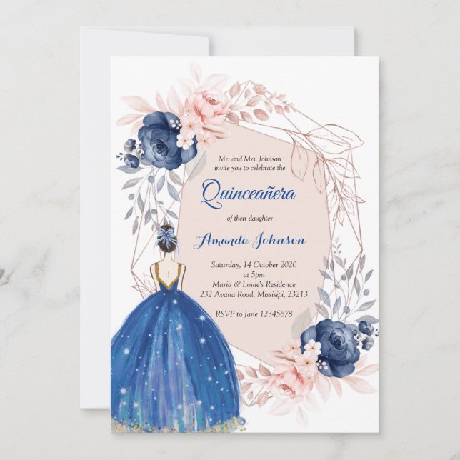 Navy Blue Princess Quinceañera Spanish 15 Birthday Invitation (Front)