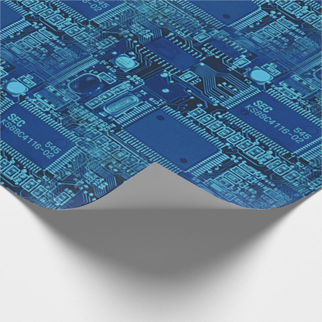Navy & Blue Printed Circuit Pattern Cool Geeky Wrapping Paper (Corner)