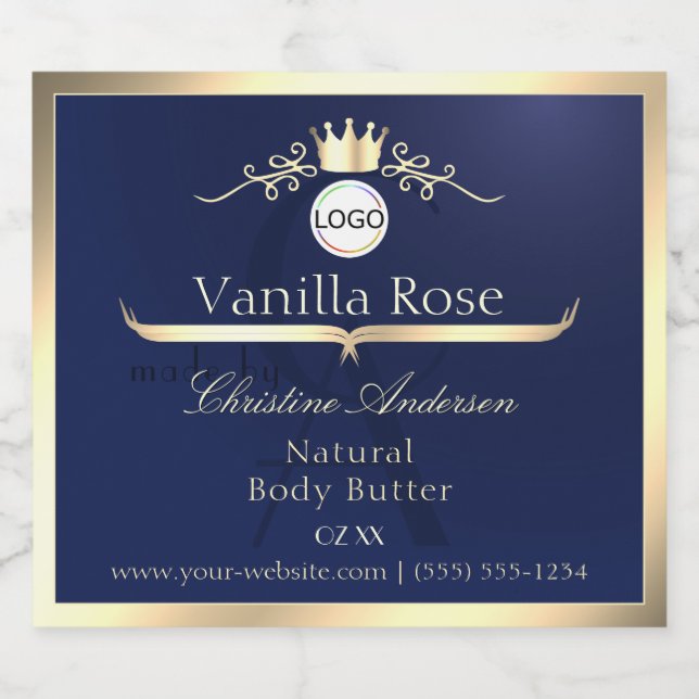 Navy Blue Product Label Gold Frame Logo Monogram (Single Label)