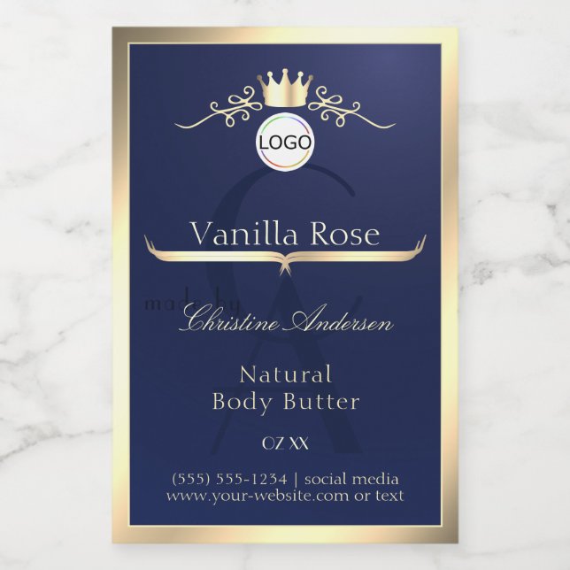 Navy Blue Product Label Gold Frame Logo Monogram (Single Label)