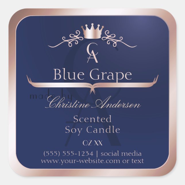 Navy Blue Product Label Rose Gold Frame Monogram (Front)