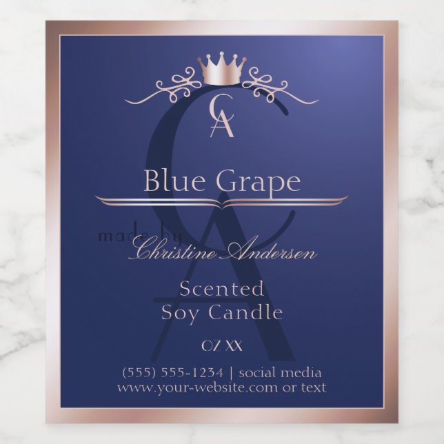 Navy Blue Product Label Rose Gold Frame Monogram (Single Label)