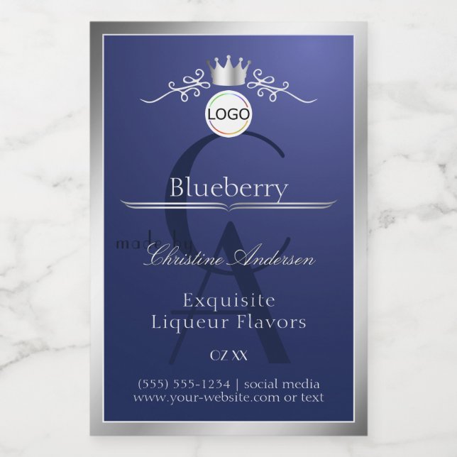 Navy Blue Product Label Silver Frame Logo Monogram (Single Label)