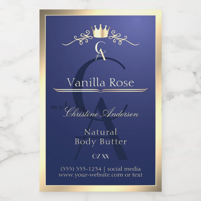 Navy Blue Product Label with Gold Frame Monogram (Single Label)