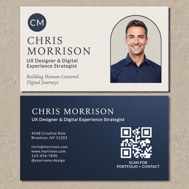 Navy Blue Professional QR Code Photo Metallic Business Card (Creator Uploaded)