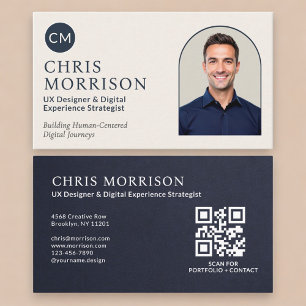 Navy Blue Professional QR Code Photo Slate Stone Business Card