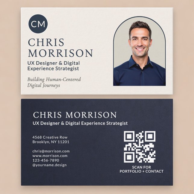 Navy Blue Professional QR Code Photo Slate Stone Business Card (Creator Uploaded)