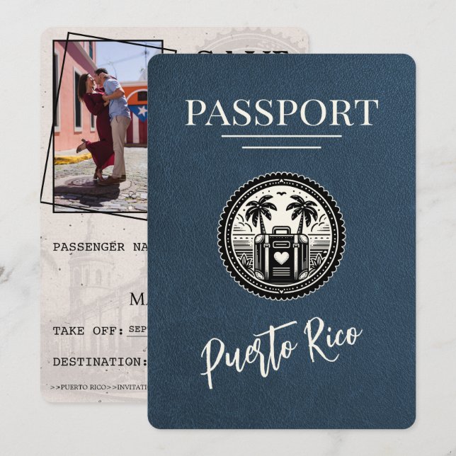 Navy Blue Puerto Rico Passport Save The Date (Front/Back)