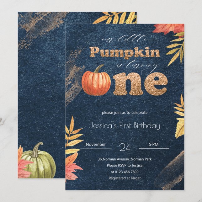 Navy Blue Pumpkin Fall First Birthday Invitation (Front/Back)