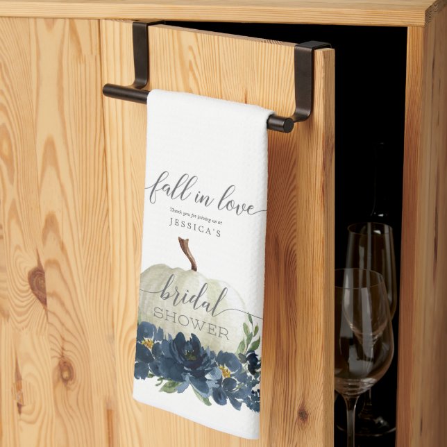 Navy Blue Pumpkin Fall in Love Bridal Shower Favou Tea Towel (Thirds Fold)