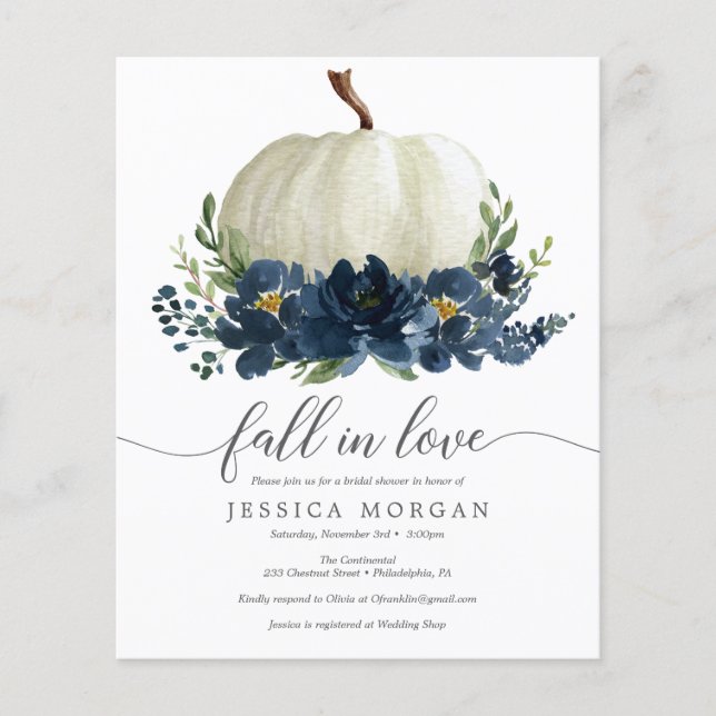 Navy Blue Pumpkin Fall in Love Bridal Shower Invit Flyer (Front)