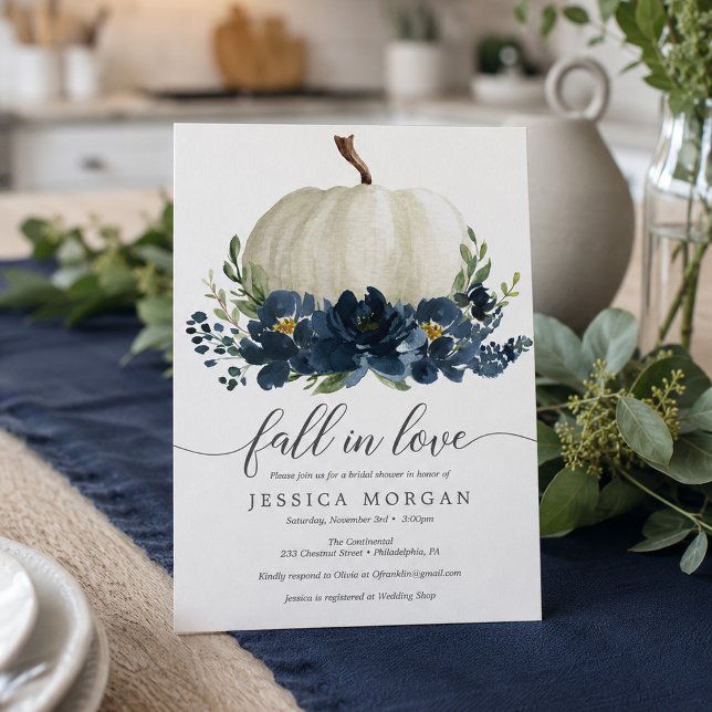Navy Blue Pumpkin Fall in Love Bridal Shower Invitation (Creator Uploaded)
