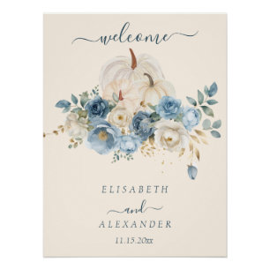Navy Blue Pumpkin FallinLove Wedding Glossy Poster