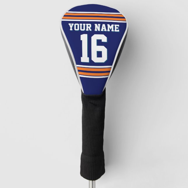Navy Blue Pumpkin Orange White Sports Jersey Golf Head Cover (Front)