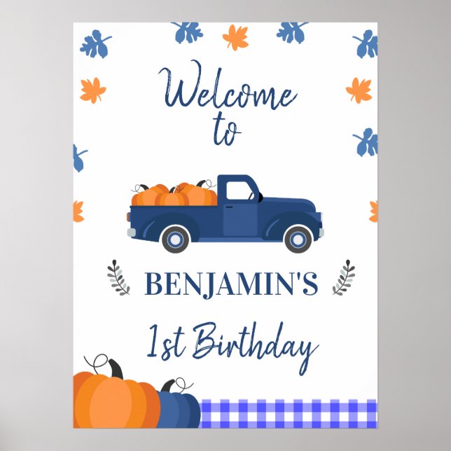 Navy Blue Pumpkin Truck Birthday Welcome Sign (Front)