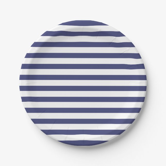 Navy Blue & Pure White Stripes Paper Plate (Front)
