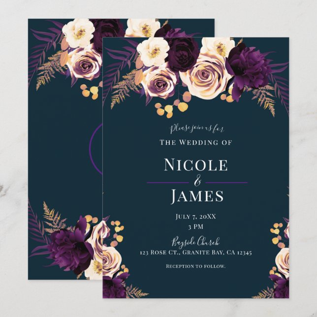 Navy Blue Purple Dark Floral Greenery Wedding Invitation (Front/Back)