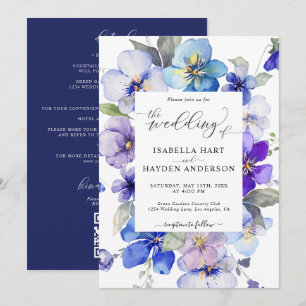 Navy Blue Purple Floral All In 1 QR Code Wedding Invitation