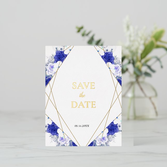 Navy Blue Purple Geometric Gold Lettering Wedding  Foil Invitation Postcard (Standing Front)