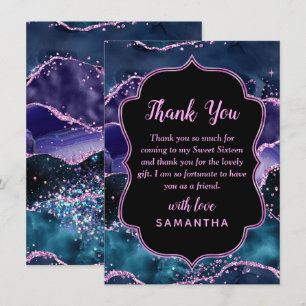 Navy Blue Purple Glitter Ocean Agate Sweet Sixteen Thank You Card