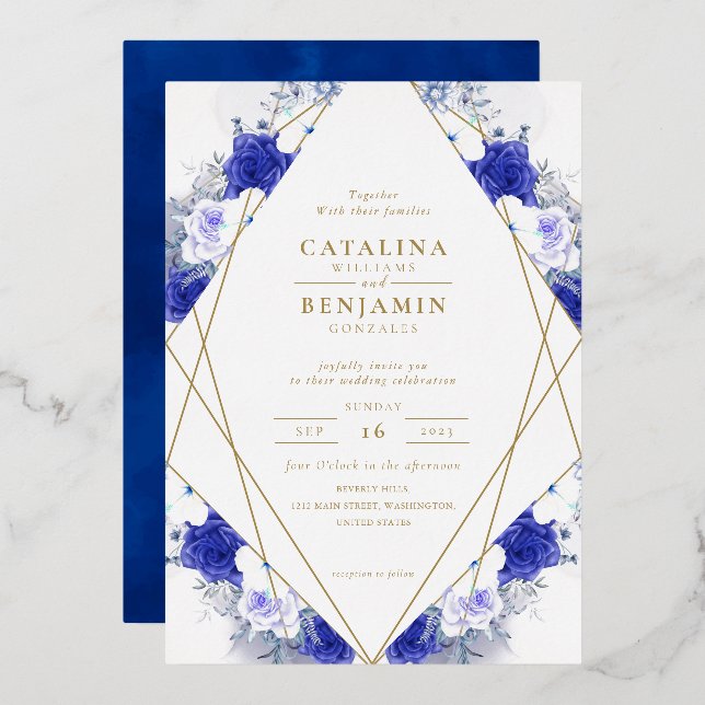 Navy Blue Purple Gold Lettering Geometric Wedding (Front/Back)