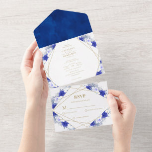 Navy Blue Purple Gold Lettering Geometric Wedding All In One Invitation