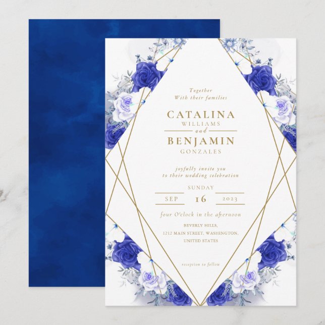 Navy Blue Purple Gold Lettering Geometric Wedding  Invitation (Front/Back)