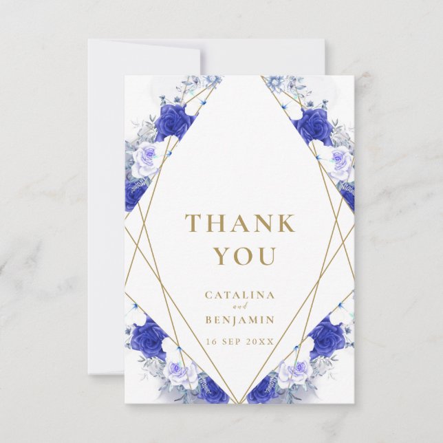 Navy Blue Purple Gold Lettering Geometric Wedding  Thank You Card (Front)