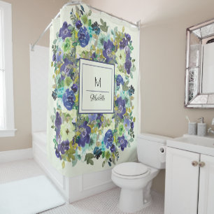 Navy Blue Purple Green Watercolor Floral Monogram Shower Curtain