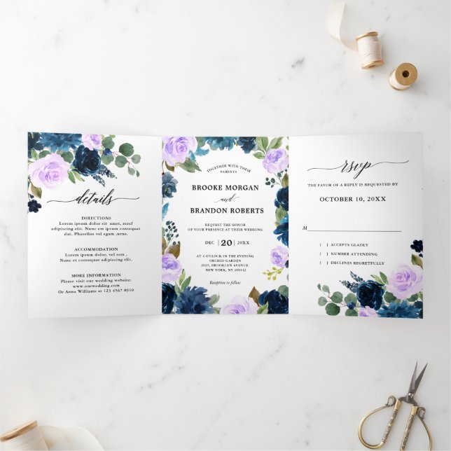 Navy Blue Purple lavender Boho botanical wedding Tri-Fold Announcement (Inside)