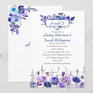Navy Blue Purple Lavender Roses Wedding Invites