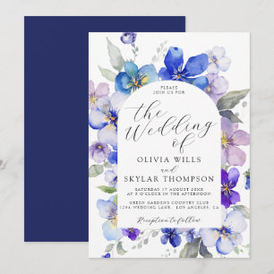 Navy Blue Purple Mauve Pink Flower Wedding Invitation