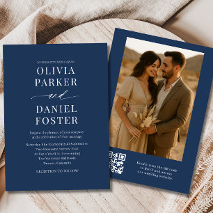 Navy Blue QR Code Elegant Photo Wedding Invitation
