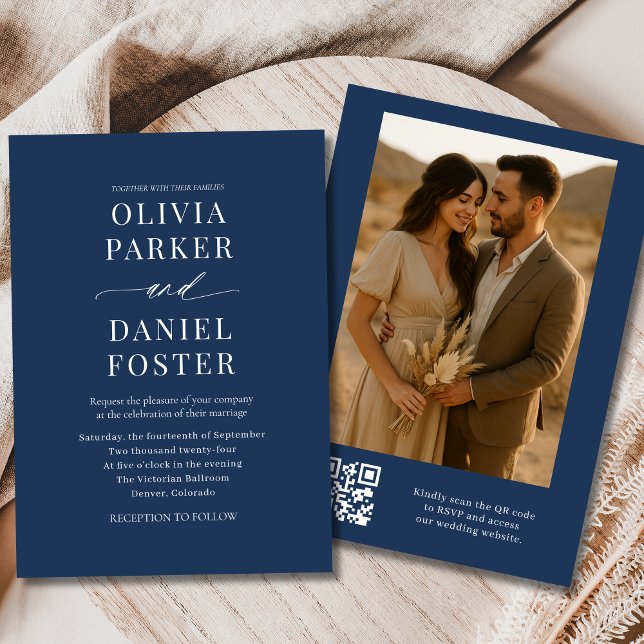 Navy Blue QR Code Elegant Photo Wedding Invitation (Creator Uploaded)