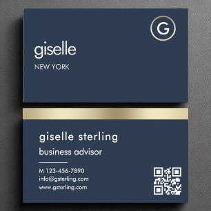 Navy Blue QR Code Faux Gold Foil Monogram Business Card