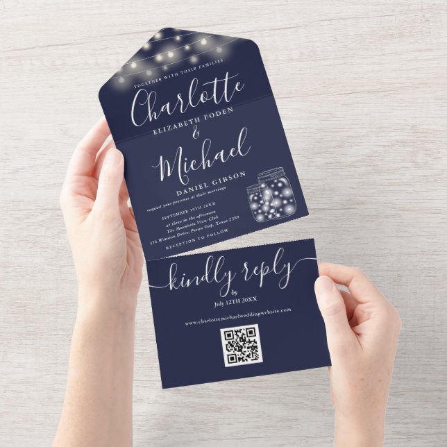 Navy Blue QR Code Mason Jars String Lights Wedding All In One Invitation (Tearaway)