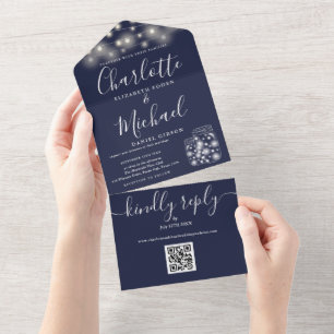 Navy Blue QR Code Mason Jars String Lights Wedding All In One Invitation