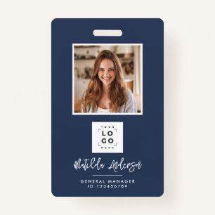Navy blue QR code modern minimal photo abstract ID Badge