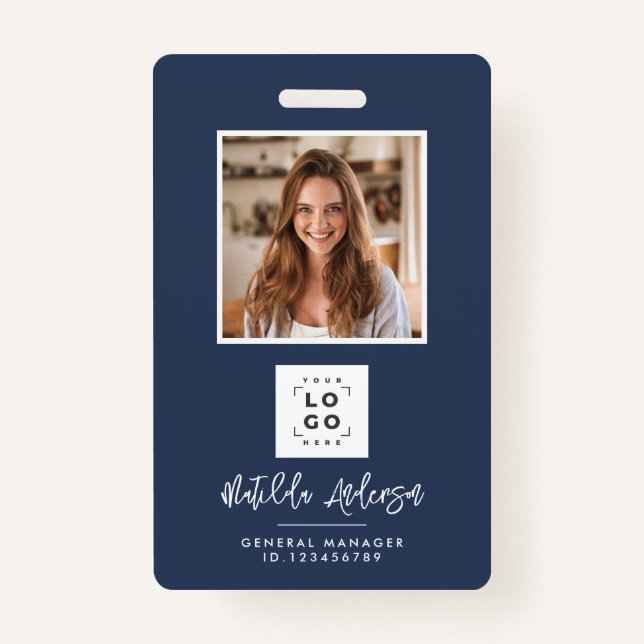 Navy blue QR code modern minimal photo abstract ID Badge (Front)