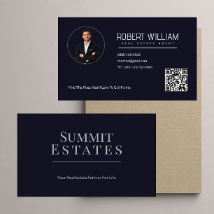 Navy Blue QR Code Real Estate Realtor Photo Business Card