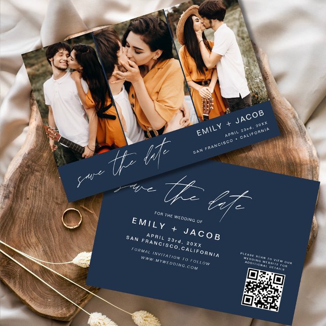 Navy Blue QR Code Save the Date 3 Photo Elegant  (Creator Uploaded)