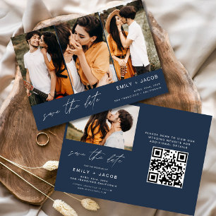 Navy Blue QR Code Save the Date 4 Photo Elegant
