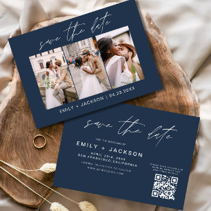 Navy Blue QR Code Save the Date Modern 3 Photo