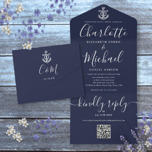 Navy Blue QR Code Script Anchor Nautical Wedding All In One Invitation