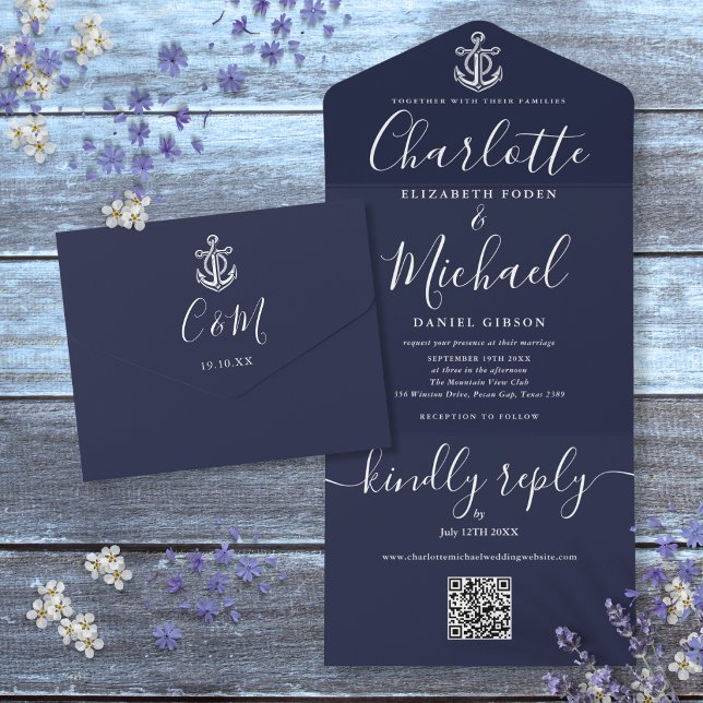 Navy Blue QR Code Script Anchor Nautical Wedding All In One Invitation (Navy Blue QR Code Script Anchor Nautical Wedding All In One Invitation)