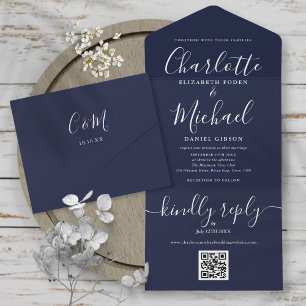Navy Blue QR Code Script Minimalist Wedding All In One Invitation